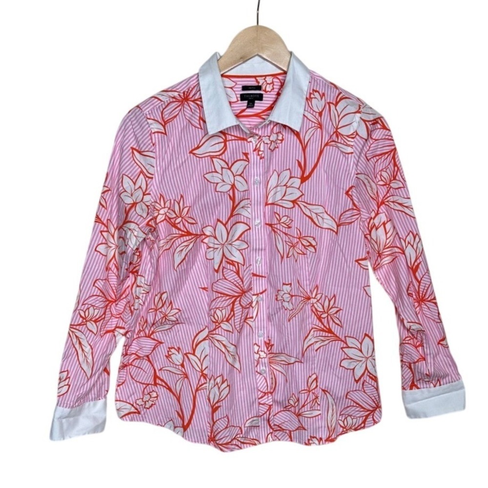 Talbots No-Iron Perfect Shirt Women's Floral Stripe Cotton Button Front sz 12P